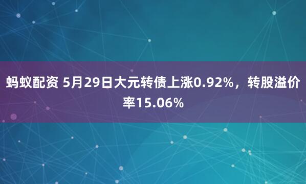 蚂蚁配资 5月29日大元转债上涨0.92%，转股溢价率15.06%